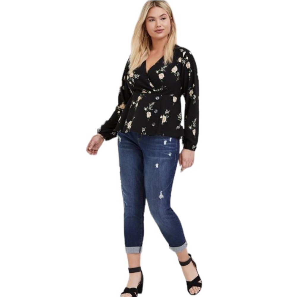 Torrid Black Floral Crepe Surplice Midi Peplum Blouse
